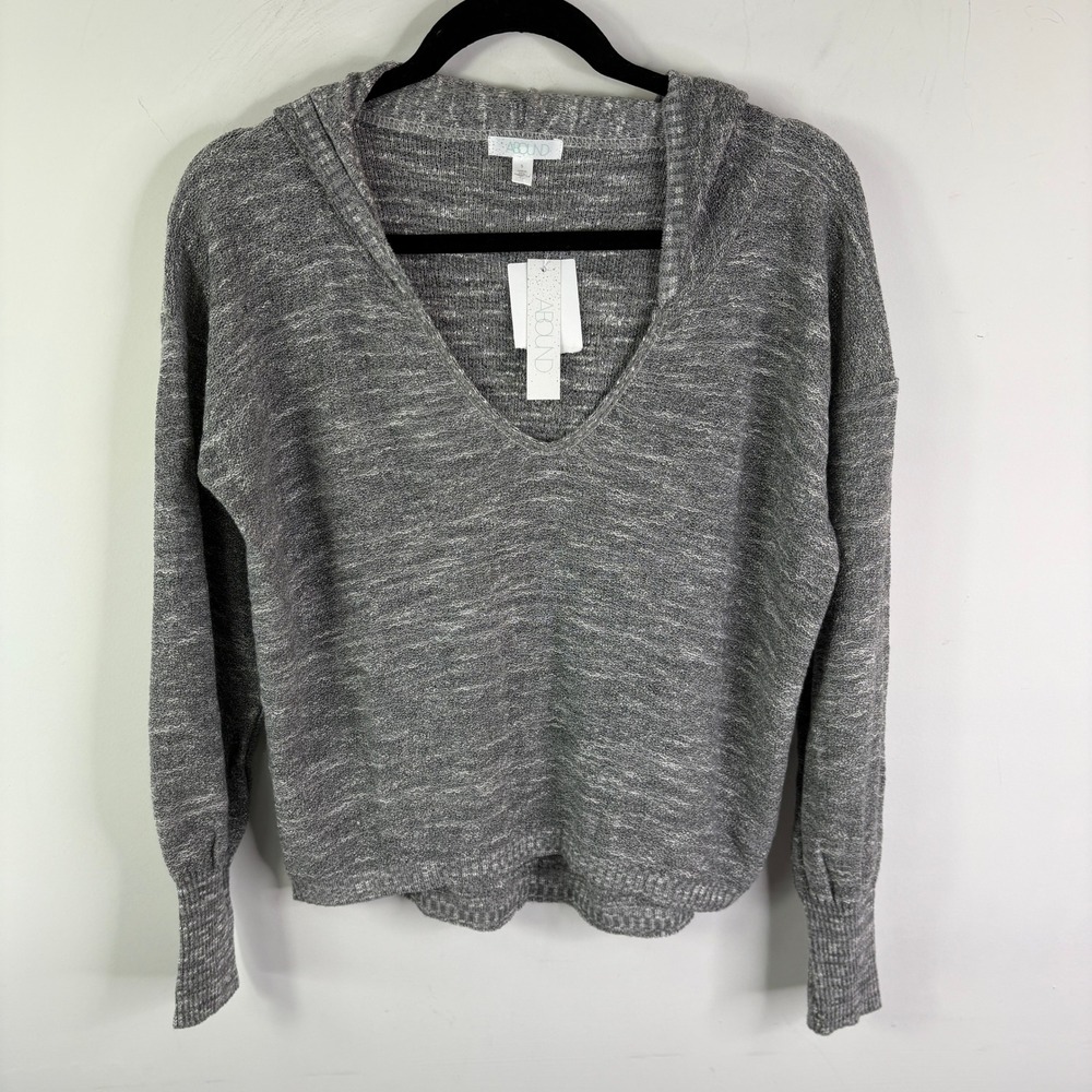 NWT ABOUND Women's Gray Marl Knit‎ Hooded V Neck Sweater Top Size S